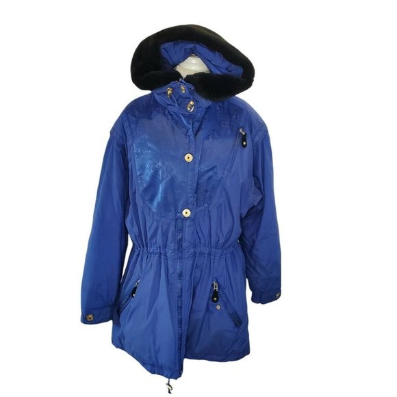 Vintage 90s Obermeyer Womens Ski Coat Hooded Blue Puffer Parka Thermolite Sz M/L - Picture 1 of 12